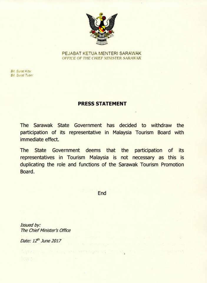 Sarawak Tarik Diri Dari Malaysia Tourism Board